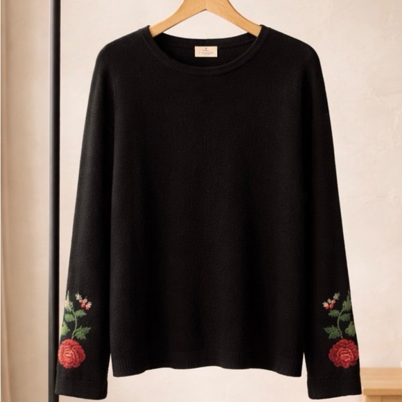Faded Glory Sweaters - Faded Glory Black Sweater with Floral Embroidery